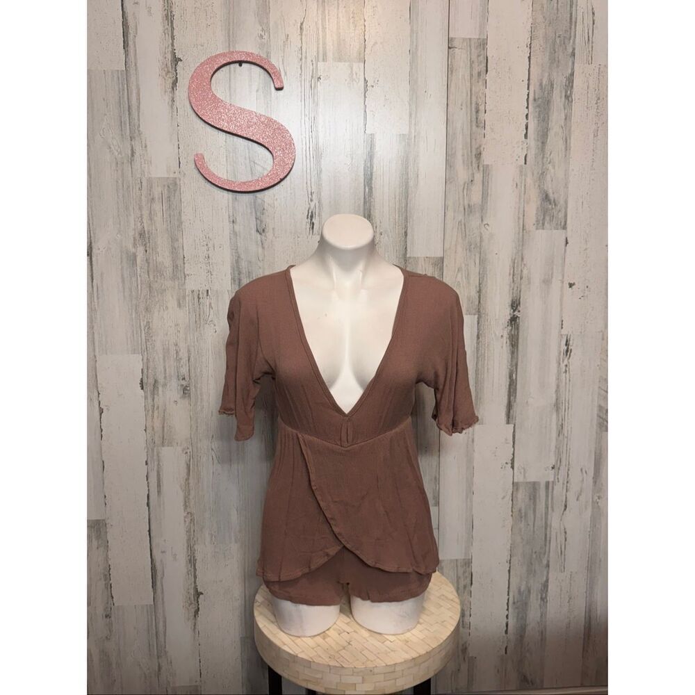 Boho Deep V-Neck Brown Romper – Size S